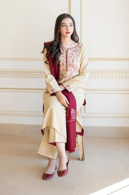 Dhanak Embroidered 3-PC Premium Unstitched Suit