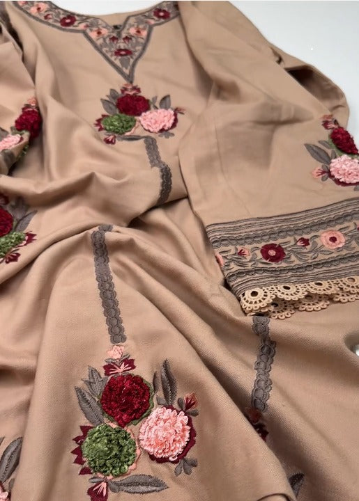 02-Piece Stitched Peach Leather Dhanak Embroidered Suit