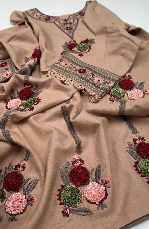 02-Piece Stitched Peach Leather Dhanak Embroidered Suit